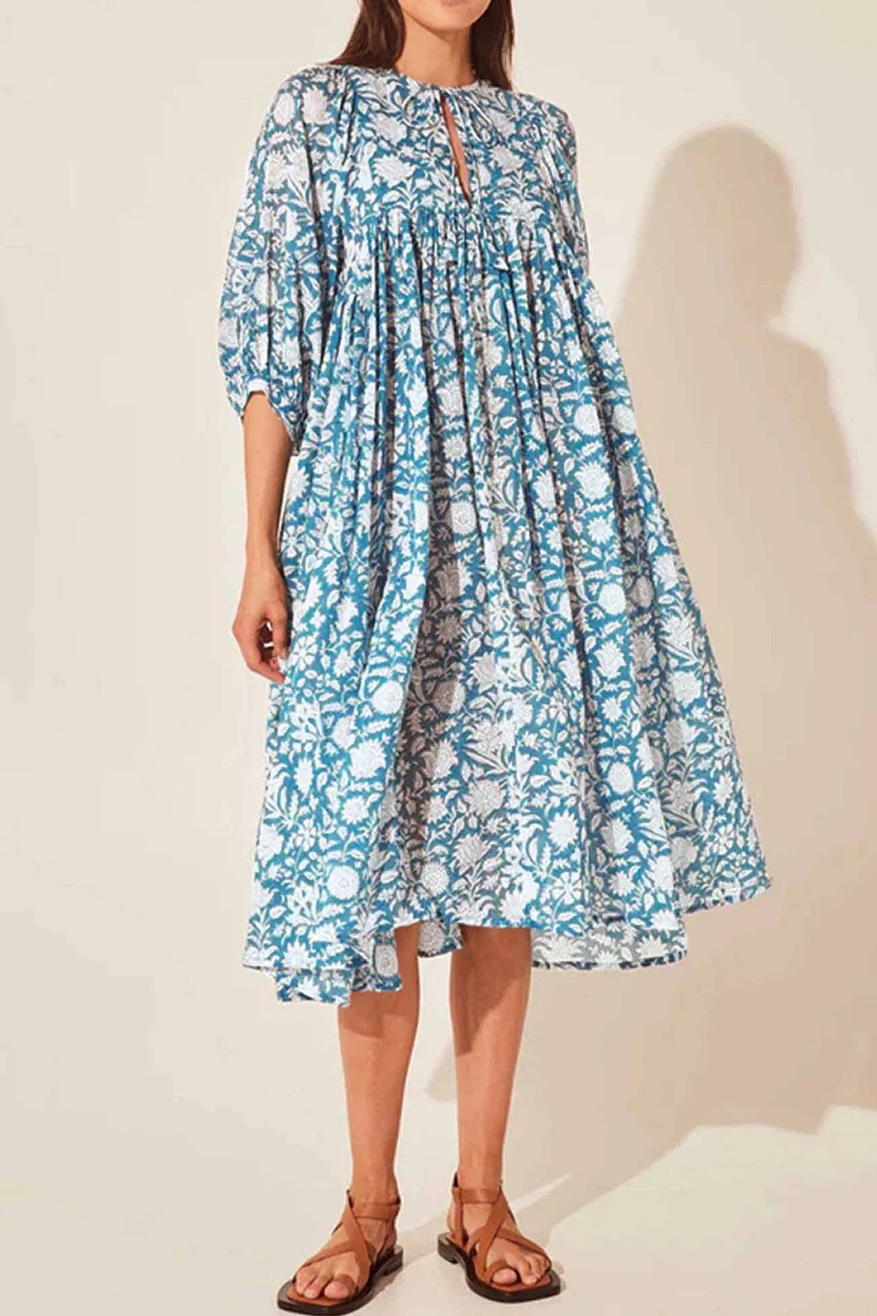 Blue Floral Print Midi Dress