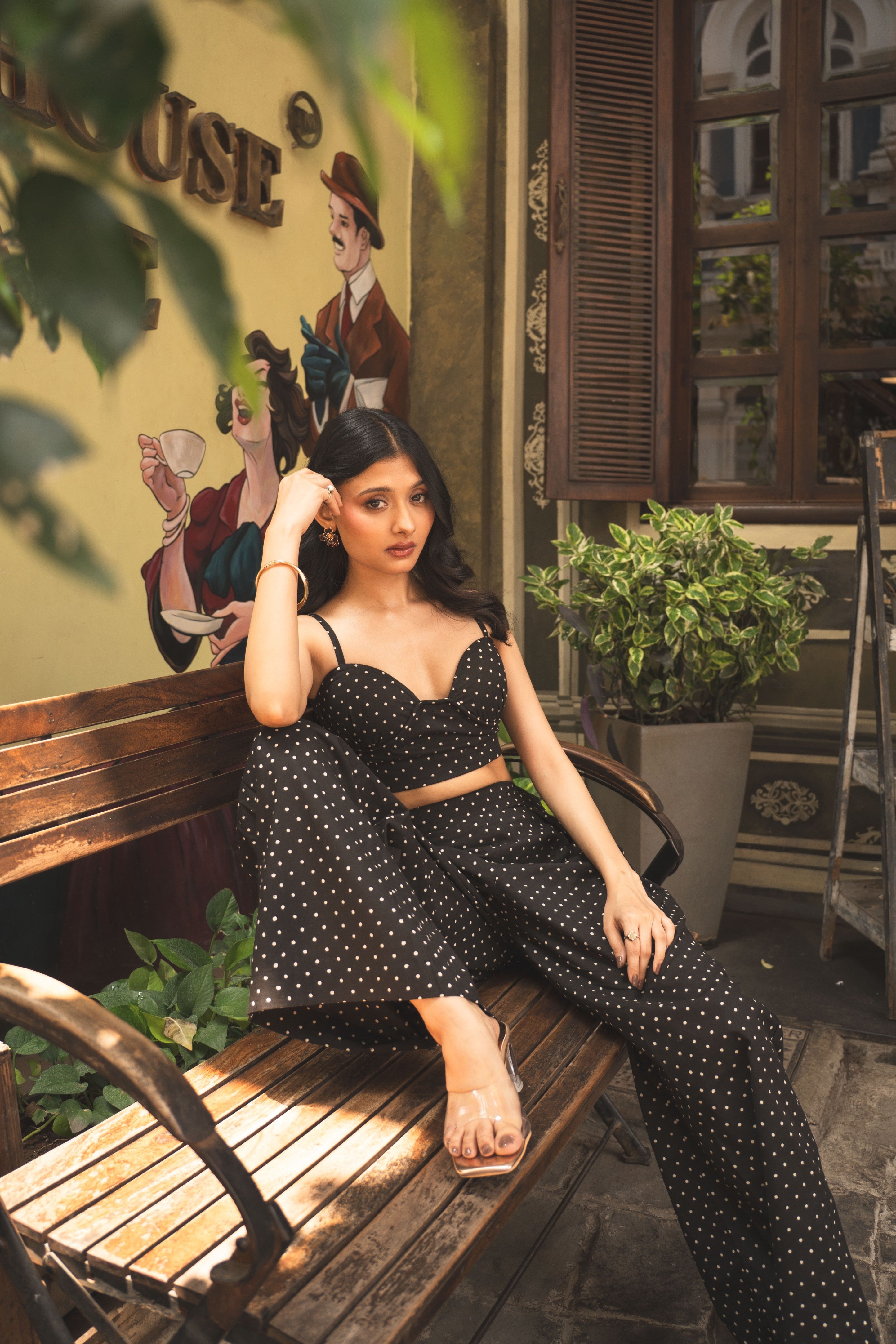 Black Polka Dot Bustier & Wide-Leg Trouser Set