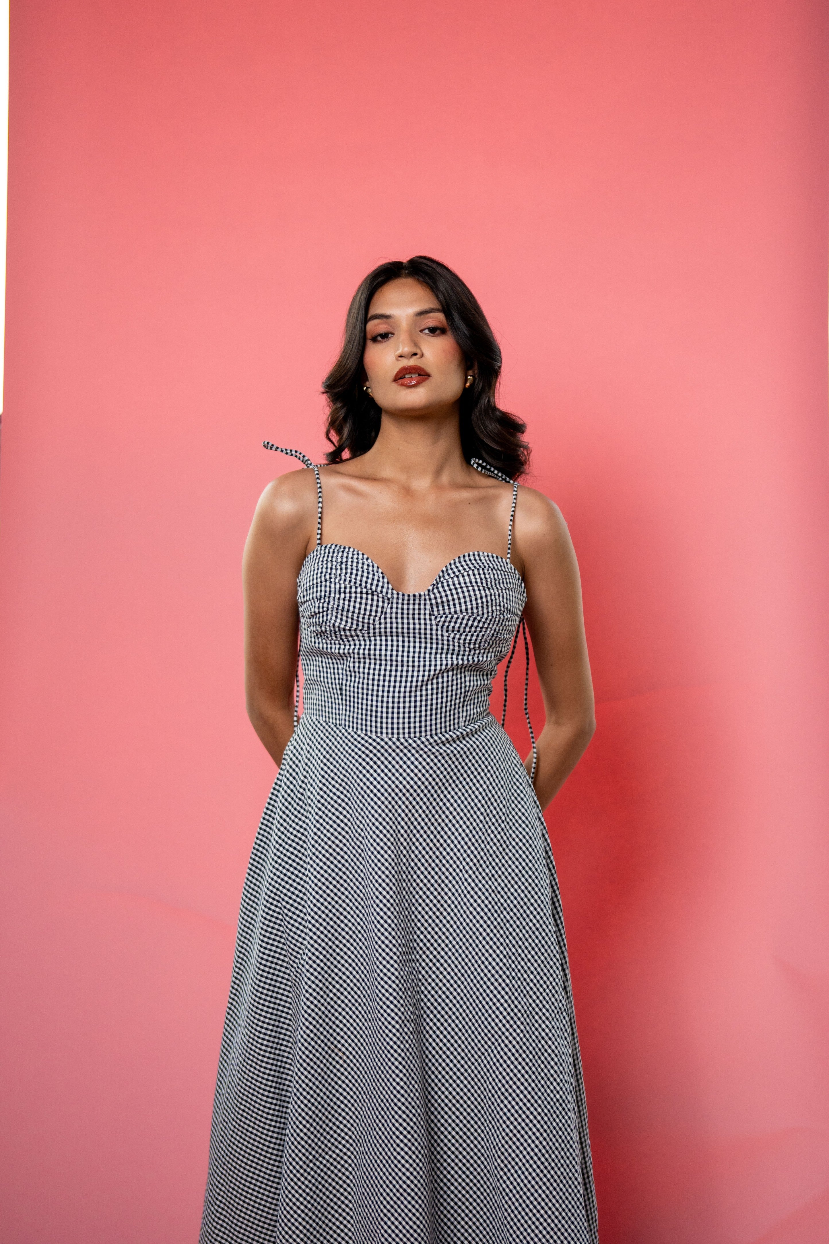 Black & White Gingham Ruffle Hem Long Dress