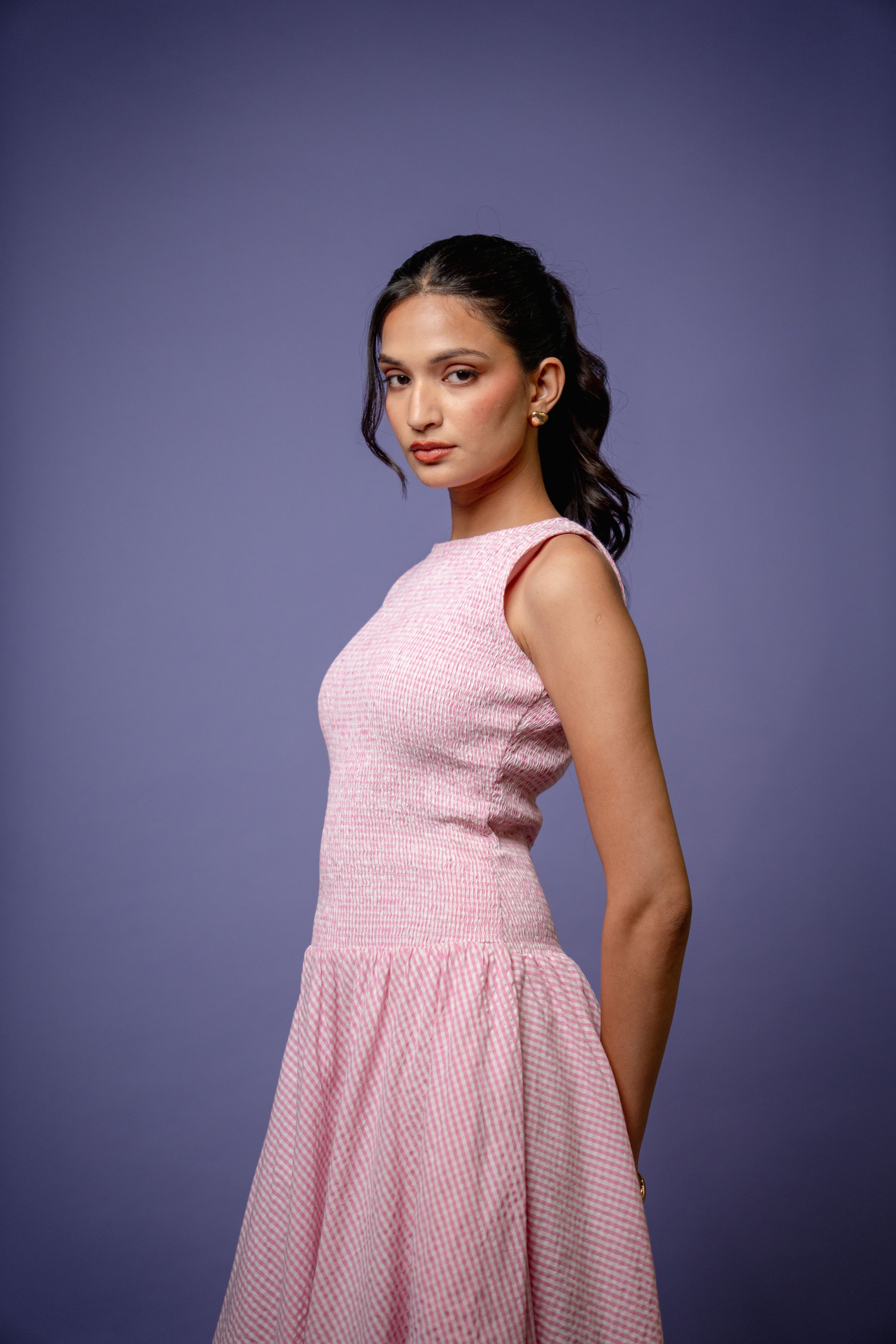 High-Neck Pink Gingham Smocked Dress