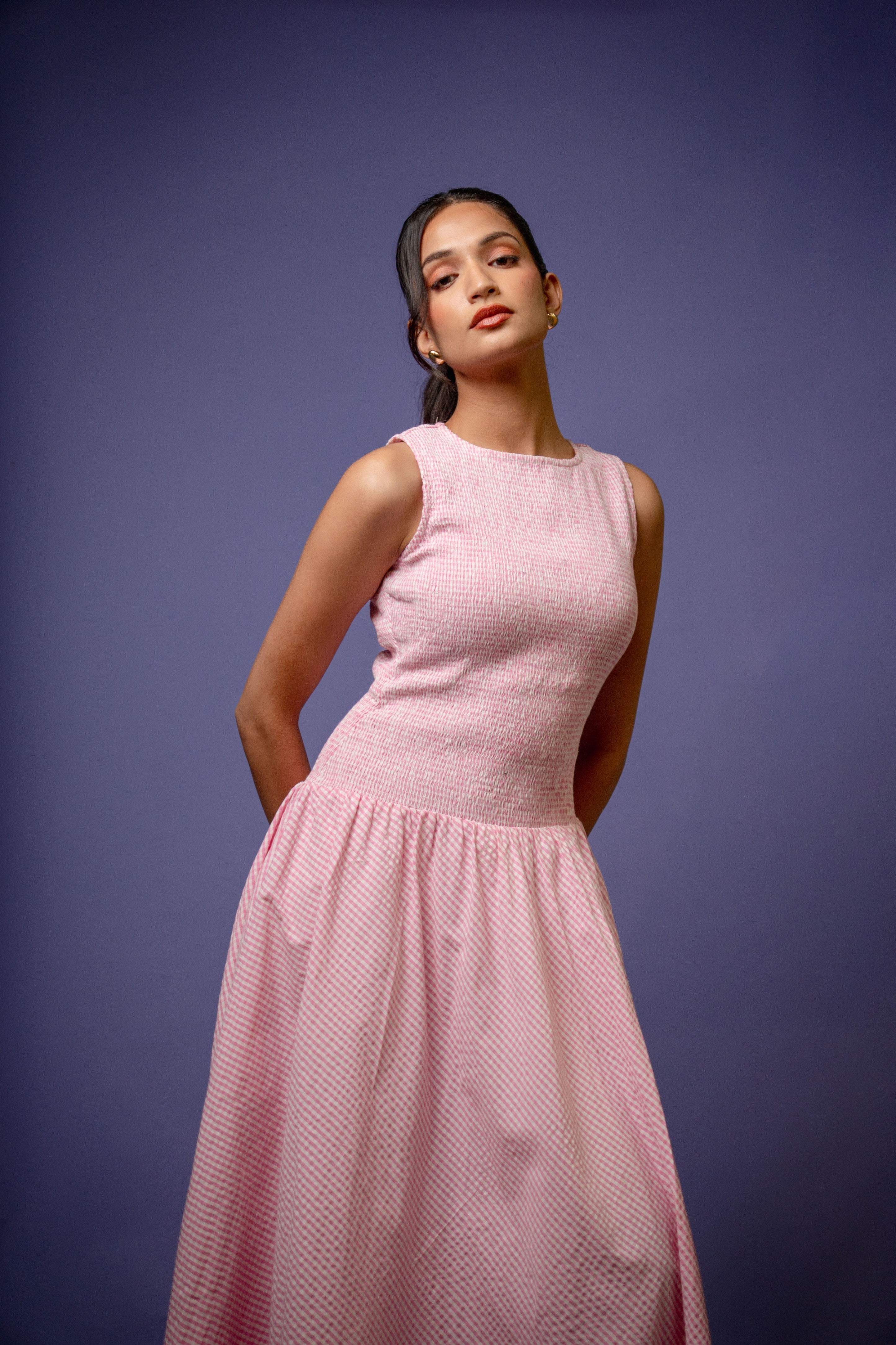 High-Neck Pink Gingham Smocked Dress