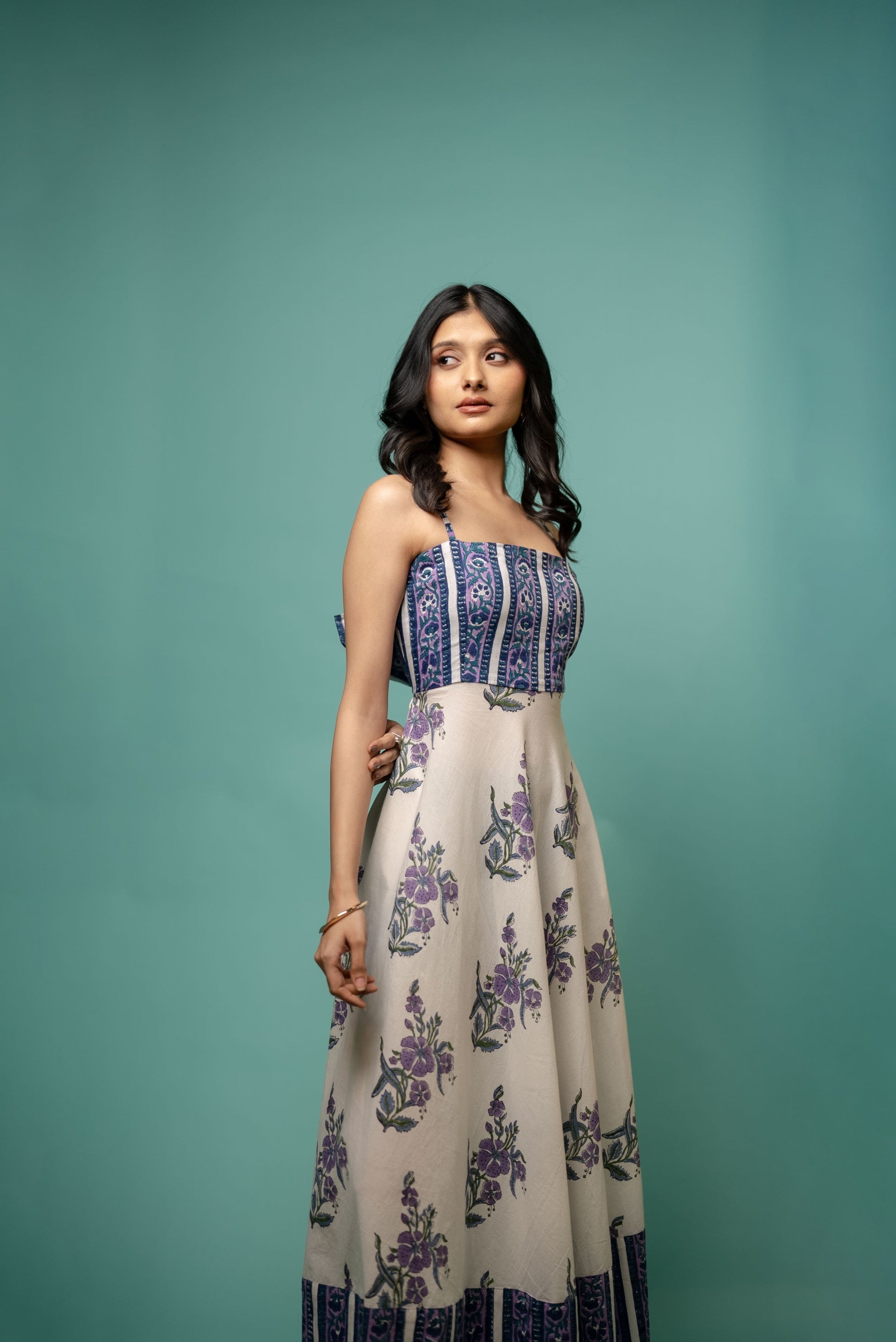 Purple Floral Strappy Maxi Dress with Back Bow