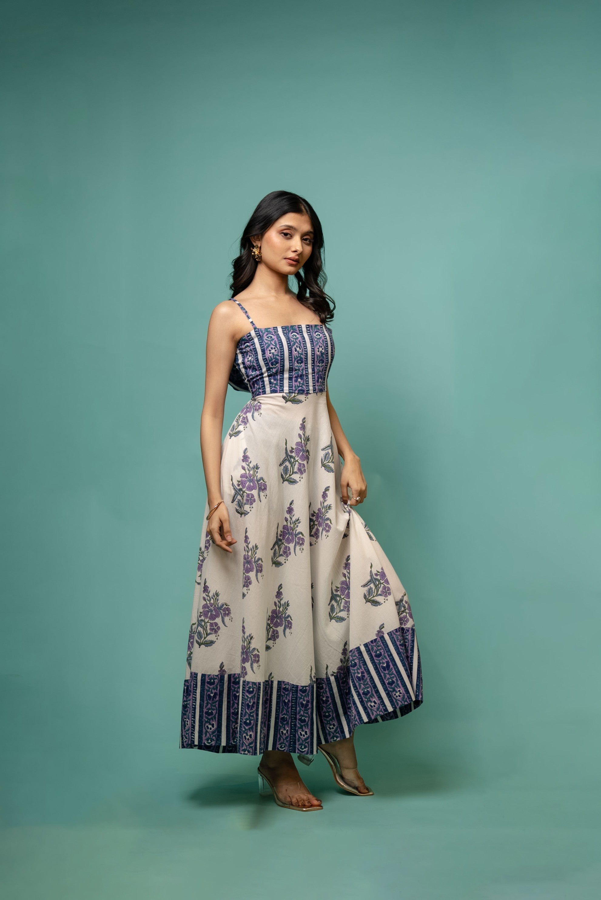 Purple Floral Strappy Maxi Dress with Back Bow
