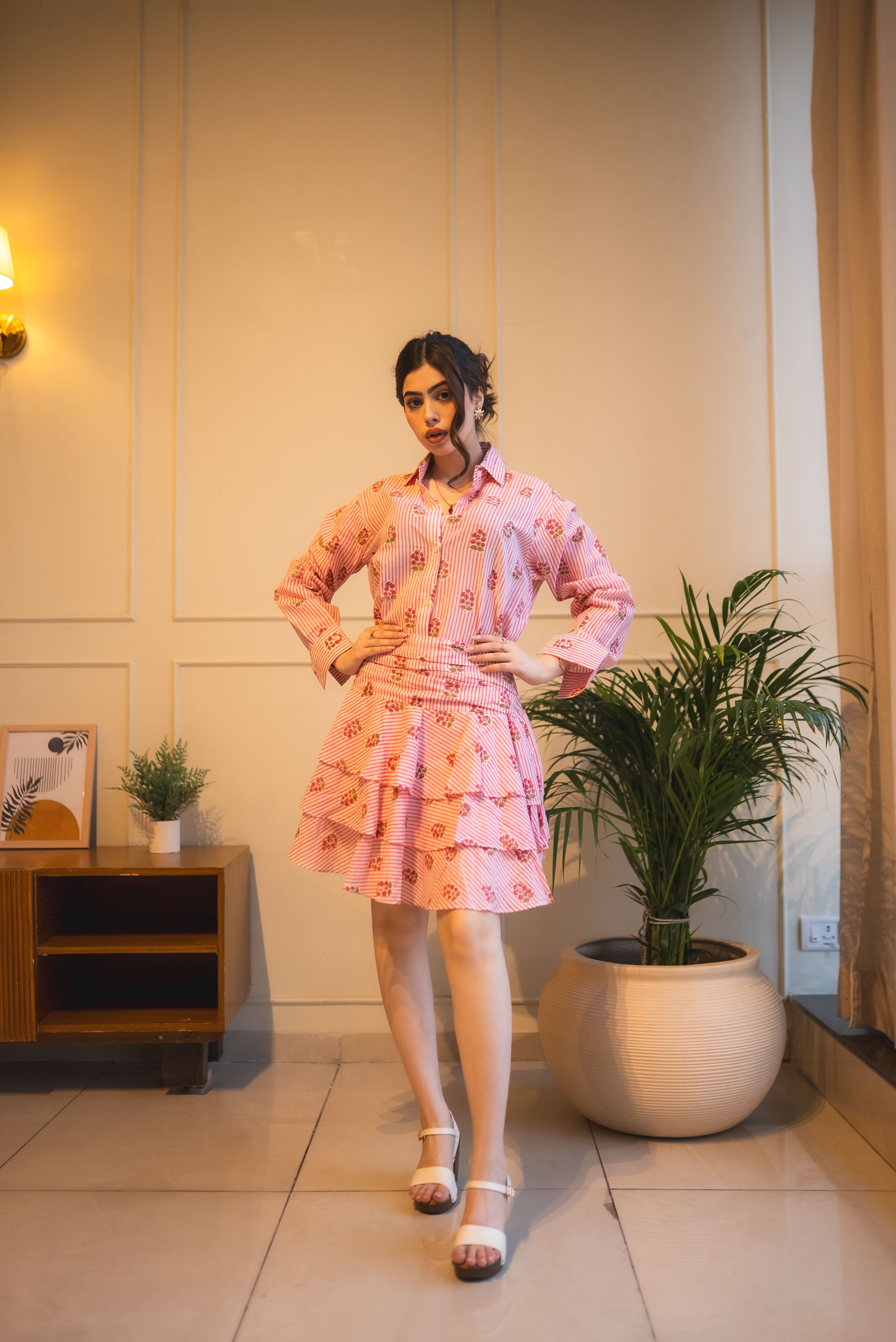 Pink Striped Floral Skirt Co-ord Set