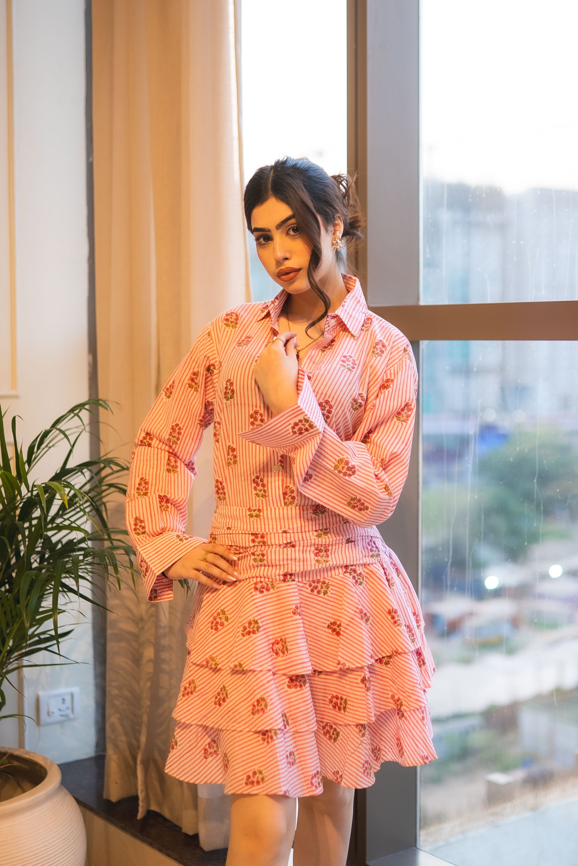 Pink Striped Floral Skirt Co-ord Set