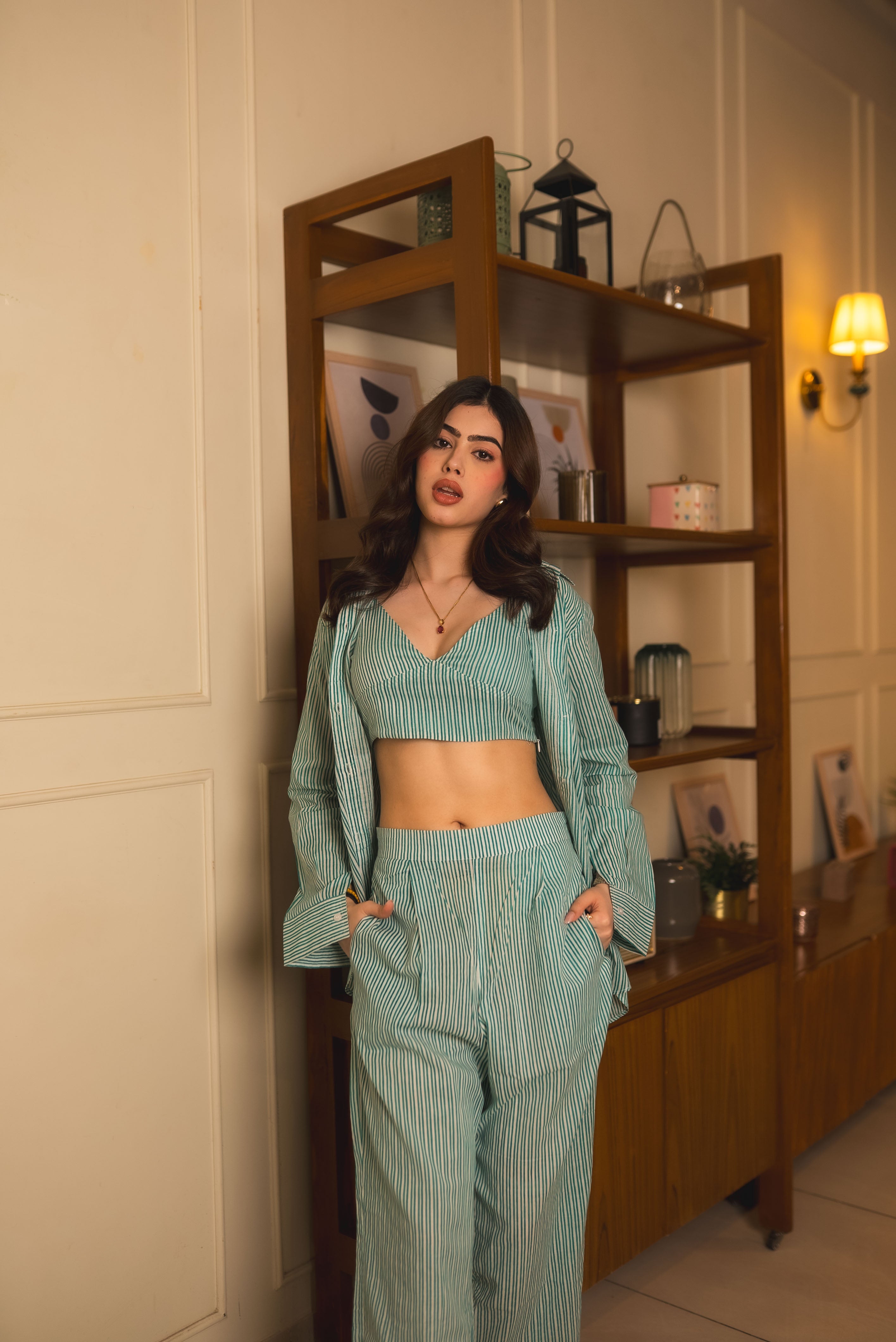 Sage Green Striped Three-Piece Loungewear Set