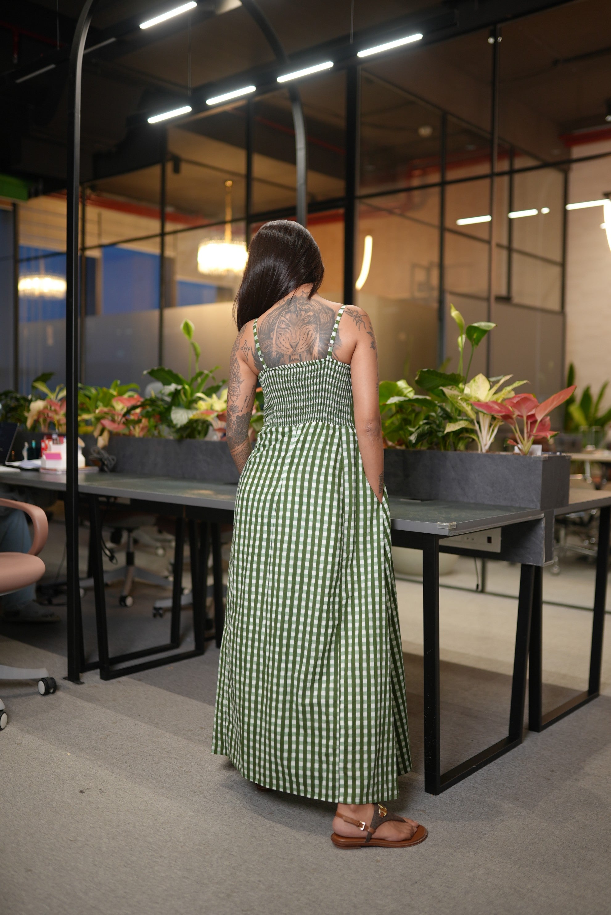 Olive Green Gingham Bustier Maxi Dress