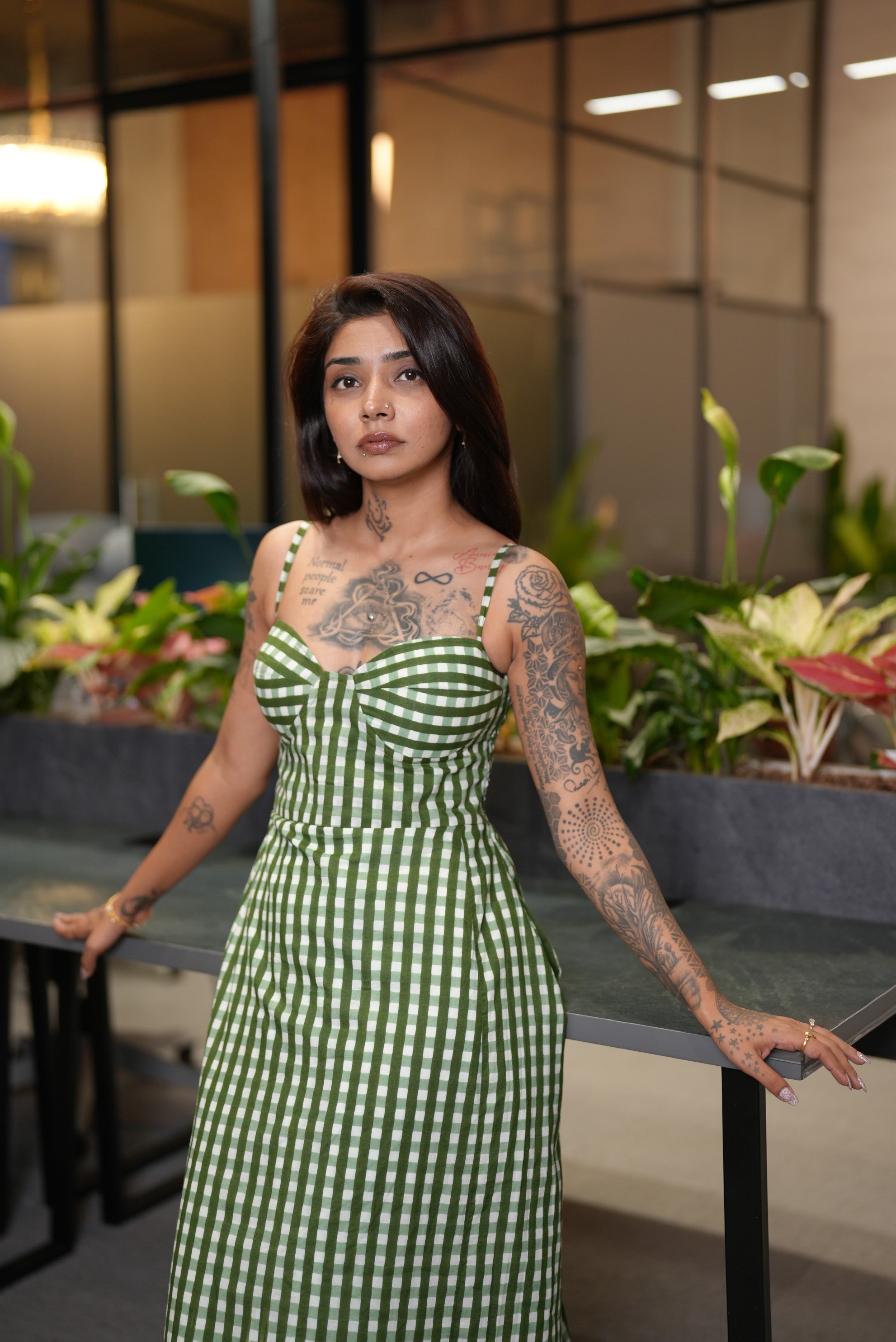 Olive Green Gingham Bustier Maxi Dress