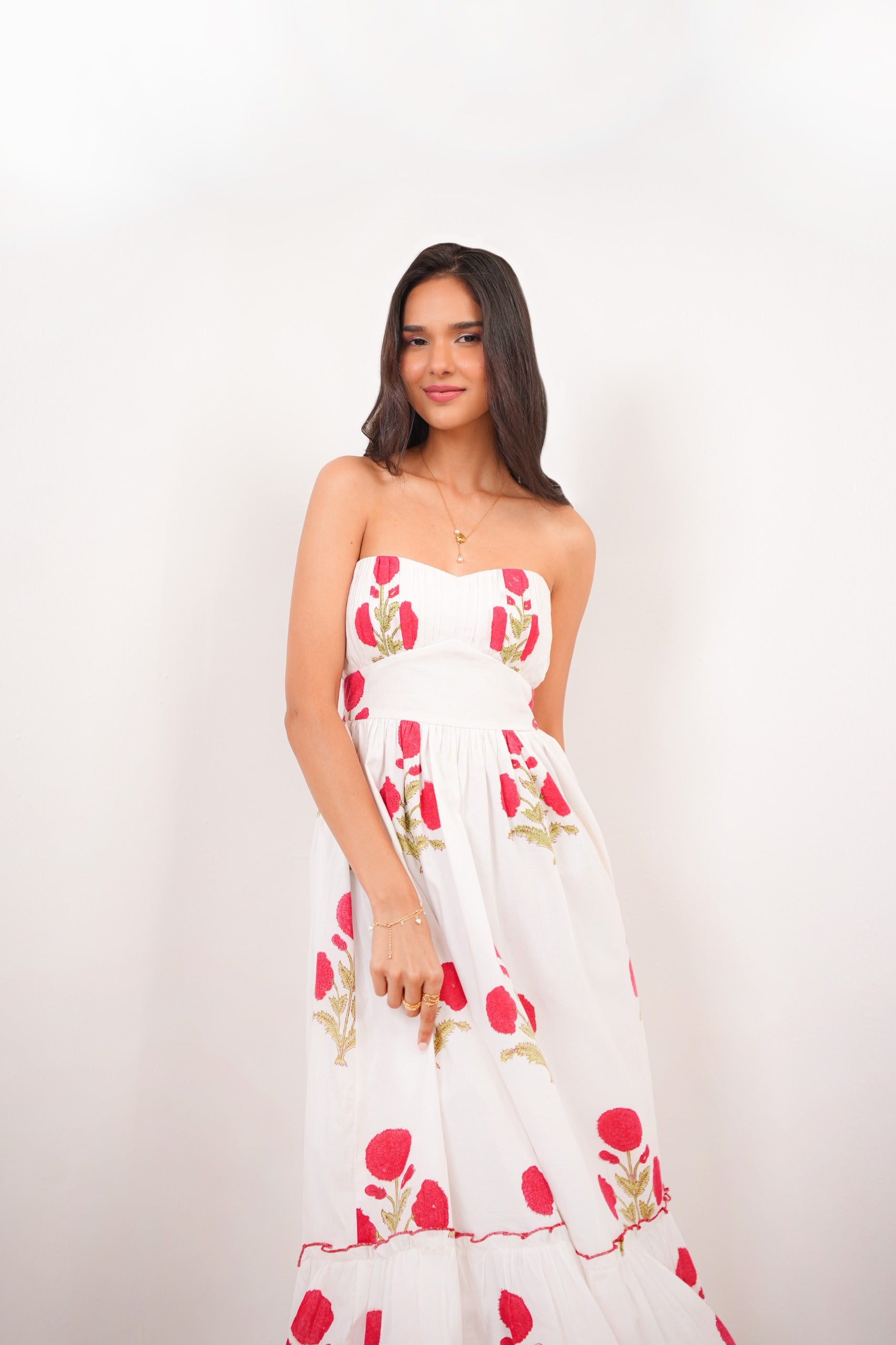 Rose Print Tube Maxi Dress