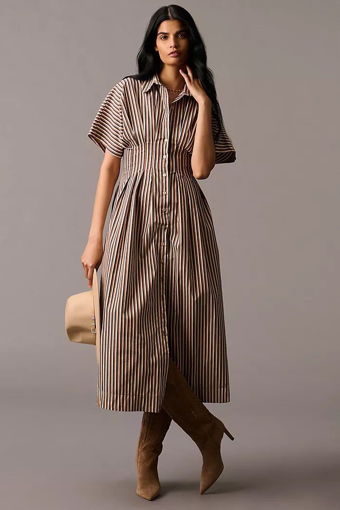 Classic Brown Stripe Shirt Dress