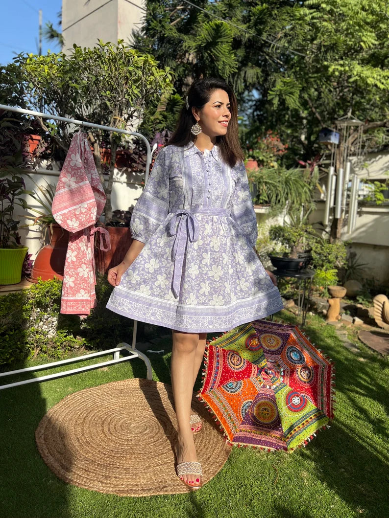 Blue Printed Short Dress