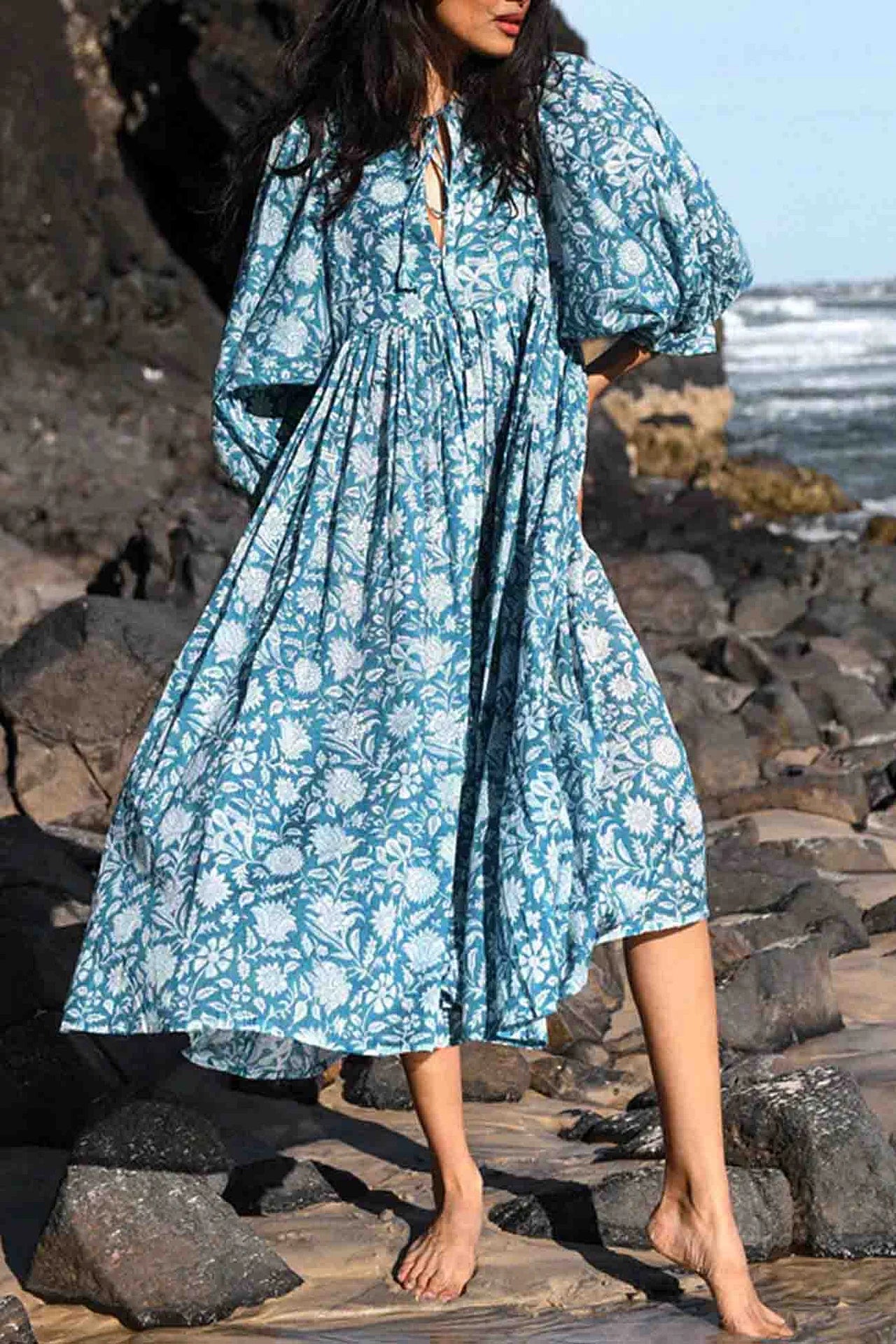Blue Floral Print Midi Dress
