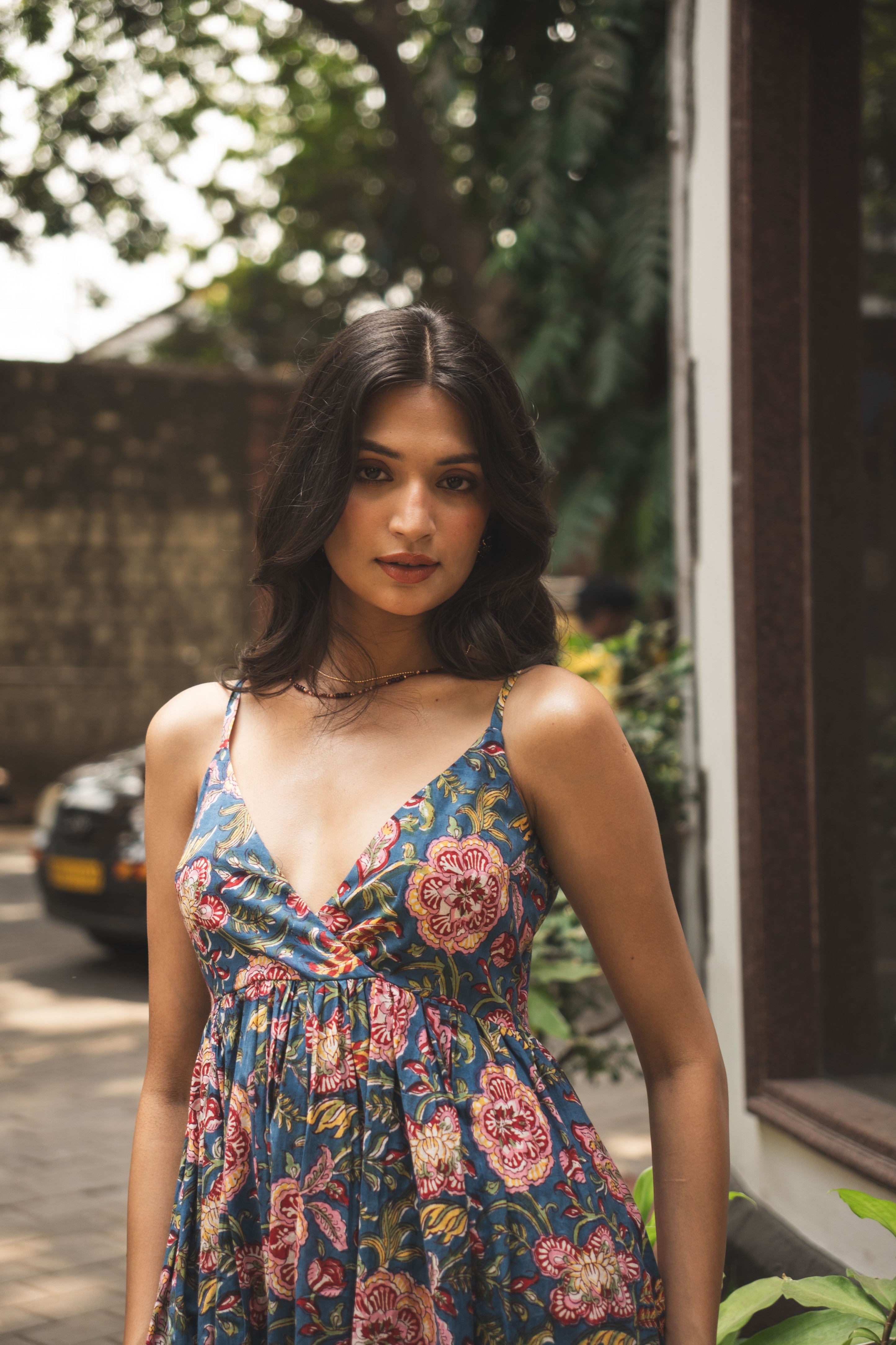 Deep V-Neck Strappy Tiered Maxi Dress