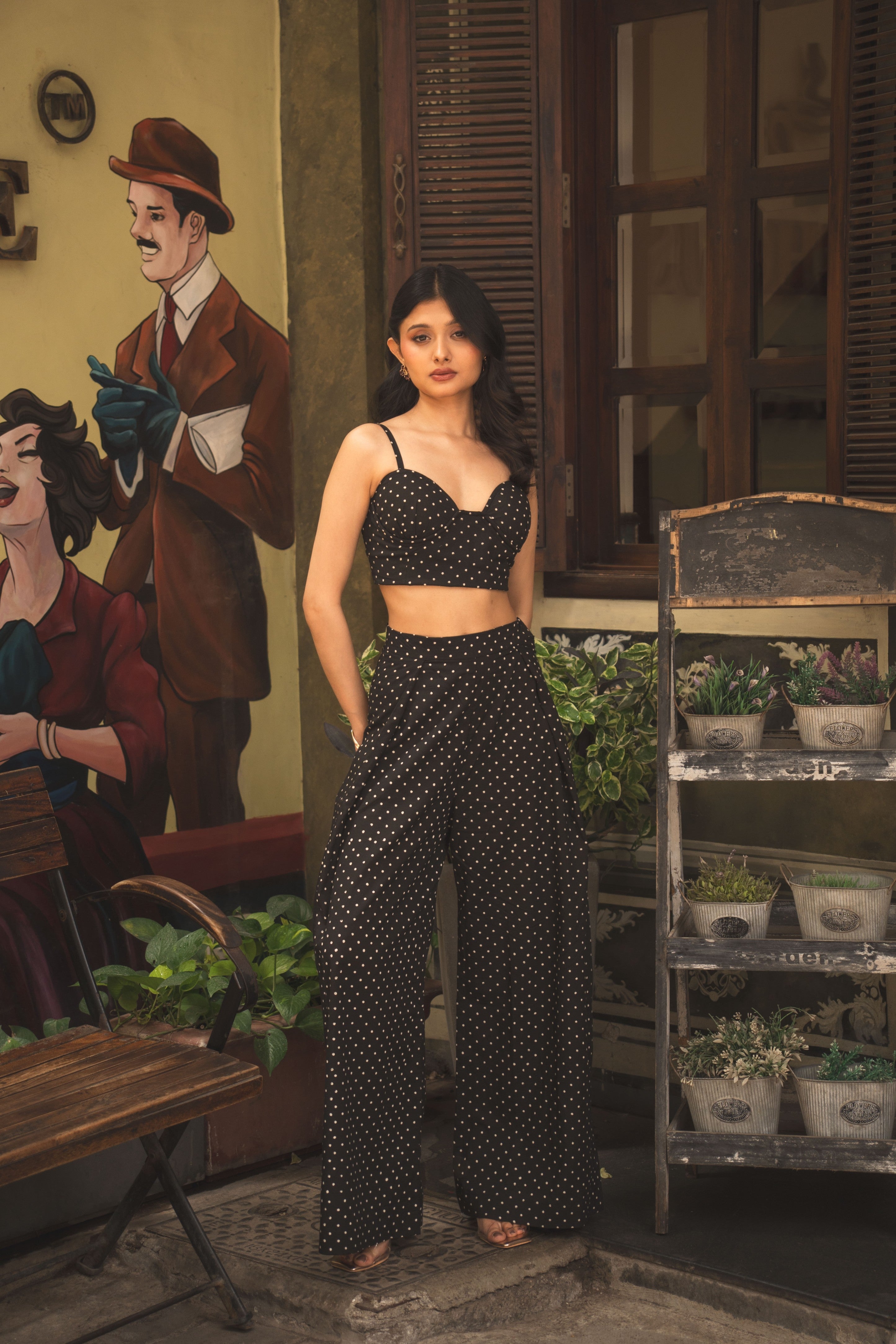 Black Polka Dot Bustier & Wide-Leg Trouser Set
