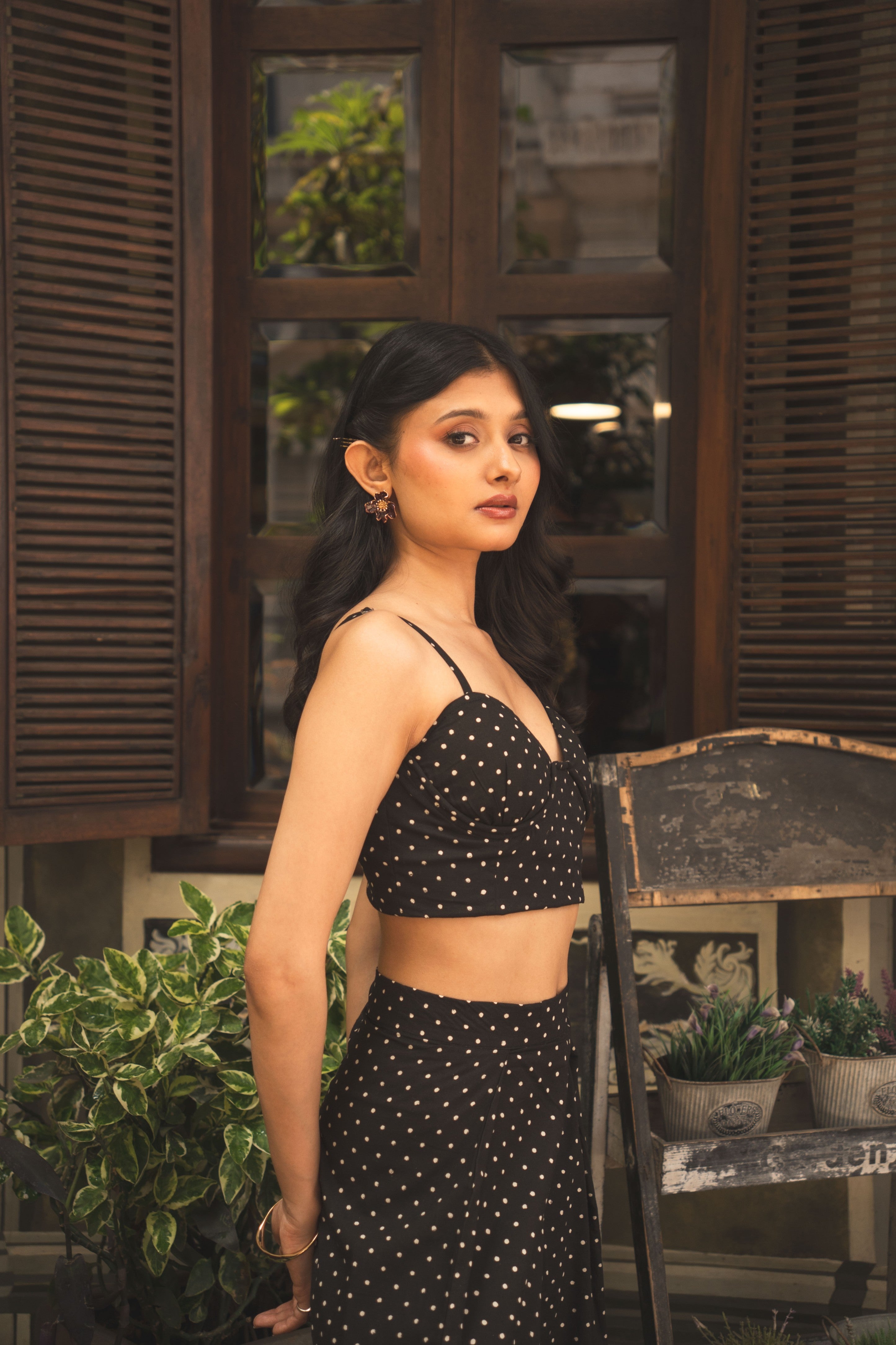 Black Polka Dot Bustier & Wide-Leg Trouser Set