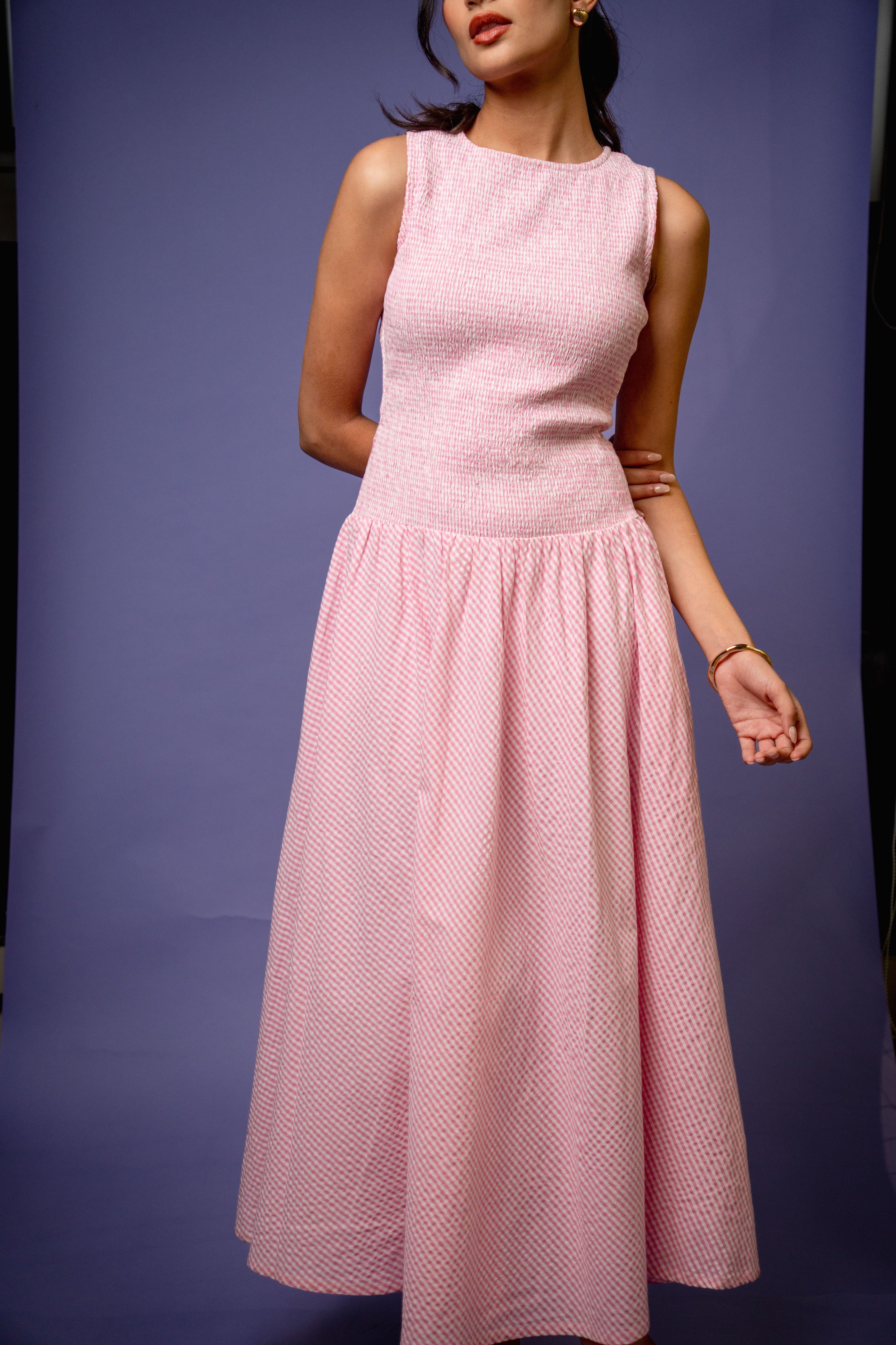 High-Neck Pink Gingham Smocked Dress