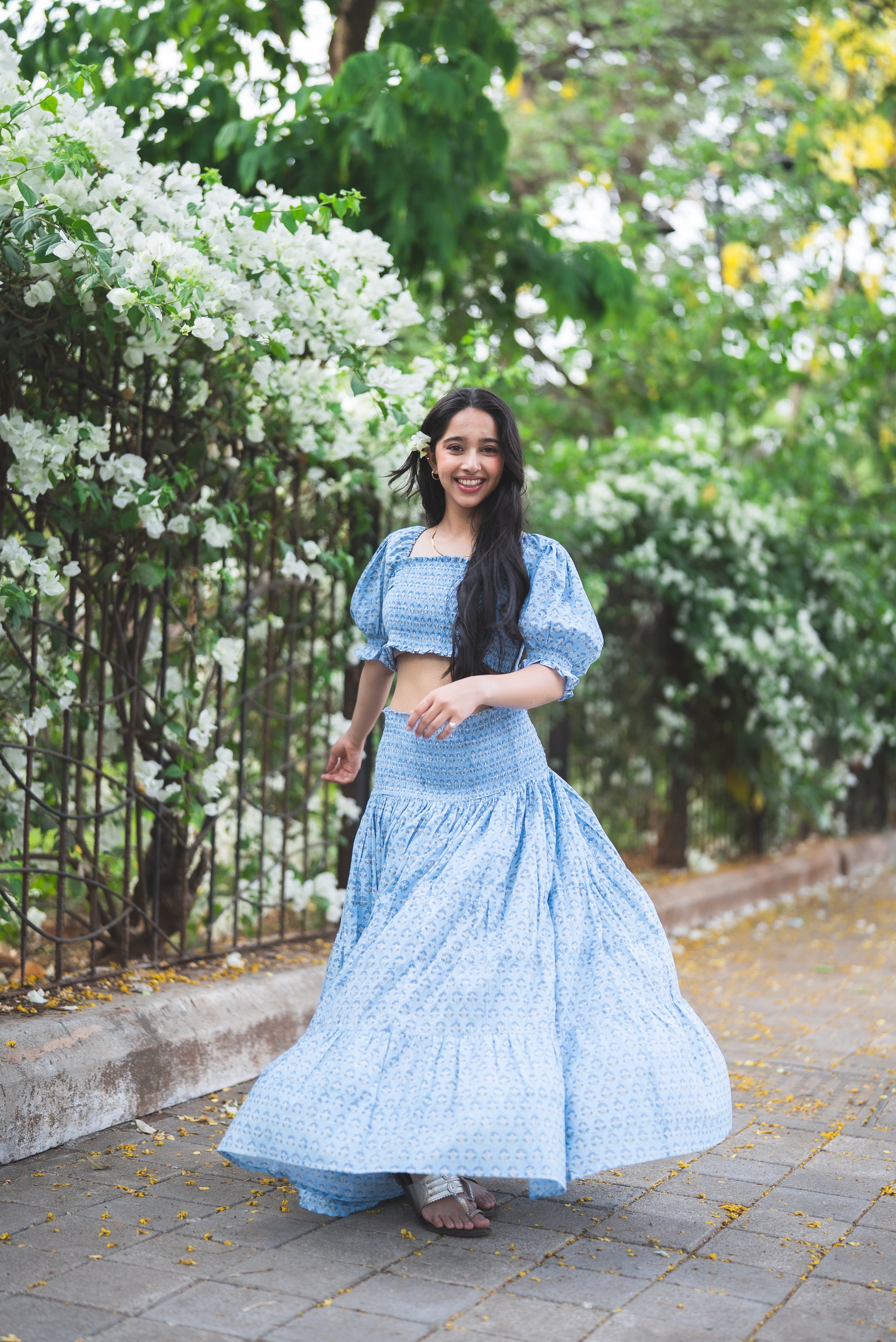 Puff Sleeve Crop Top and Flared Skirt Co-ord