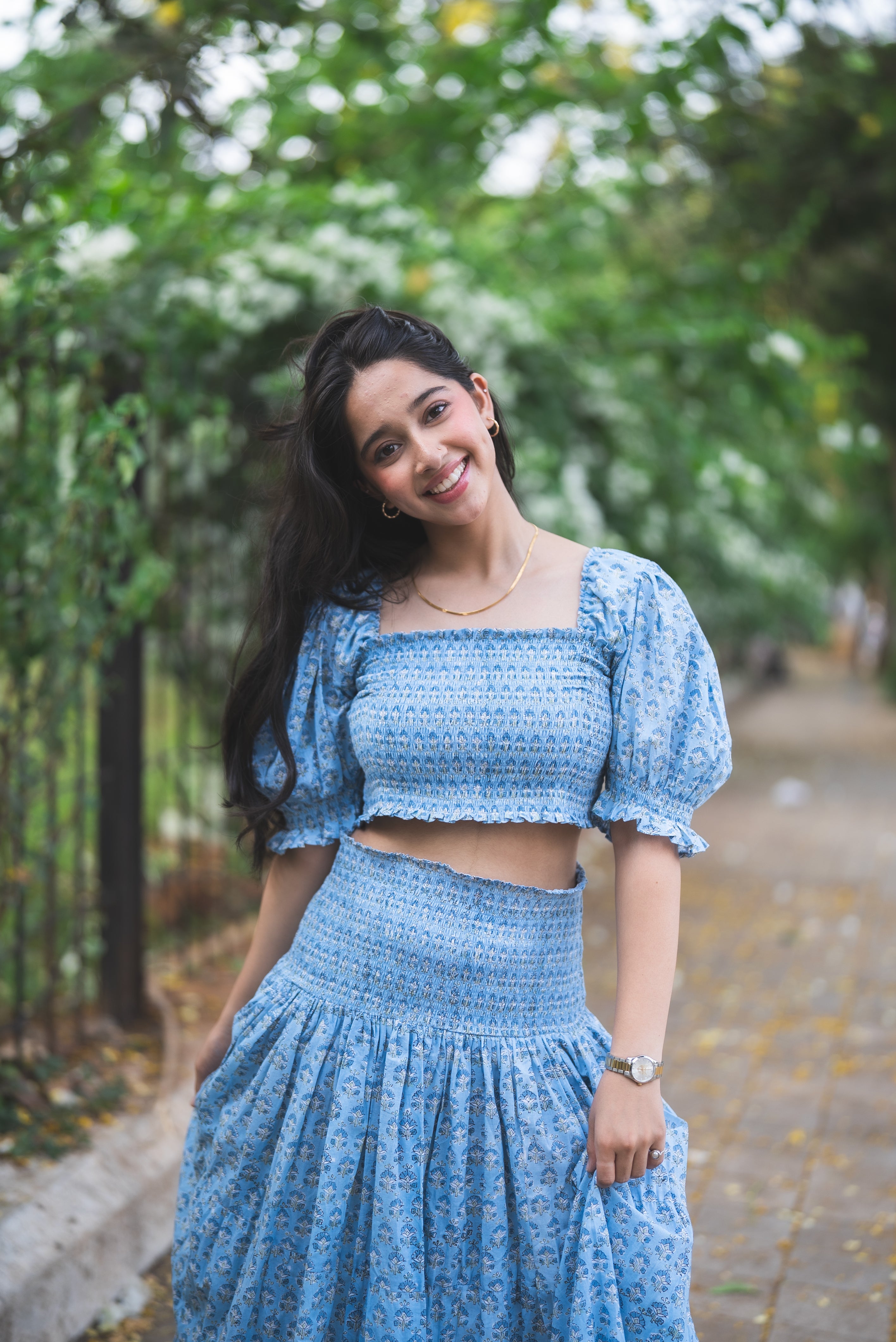 Puff Sleeve Crop Top and Flared Skirt Co-ord