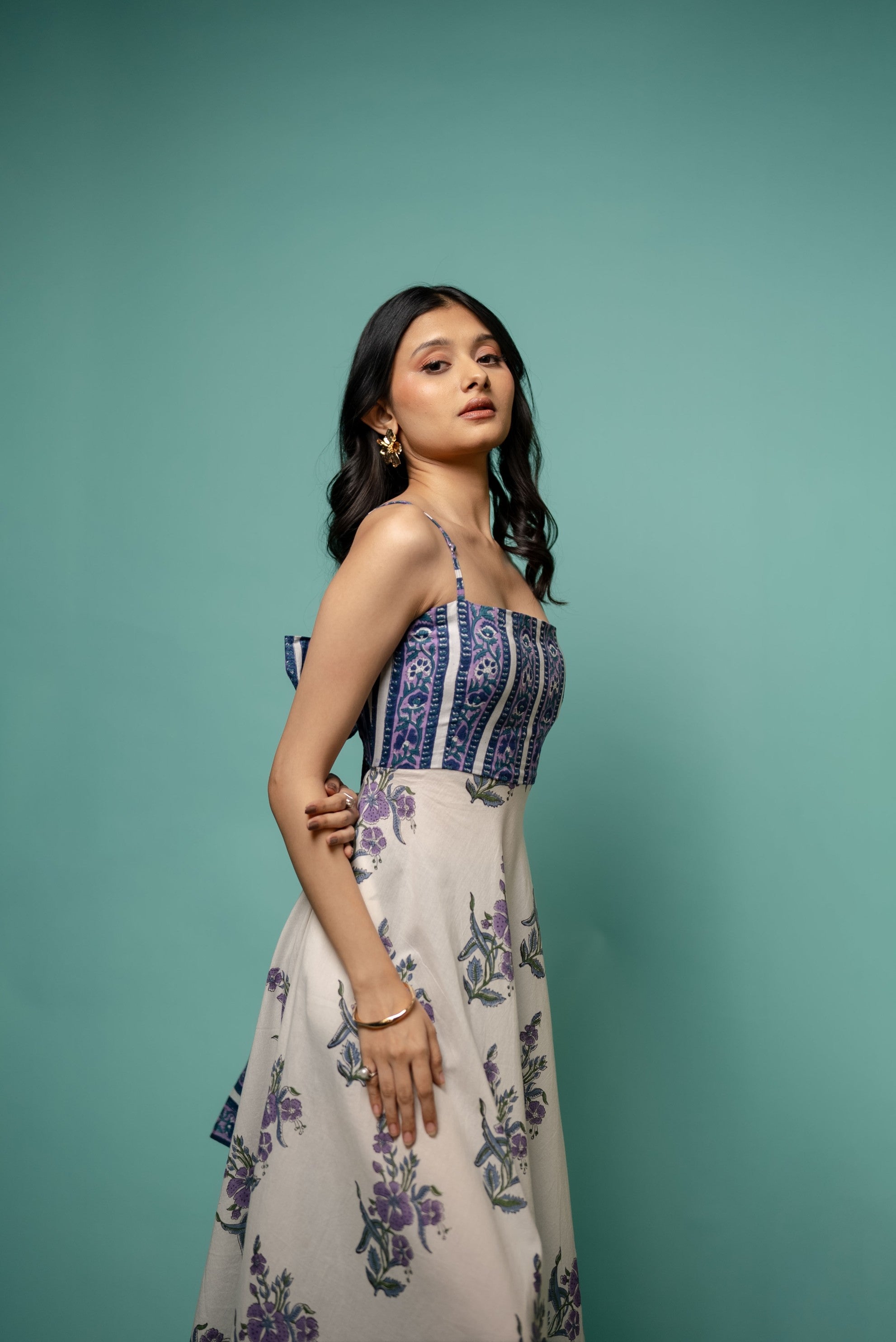 Purple Floral Strappy Maxi Dress with Back Bow