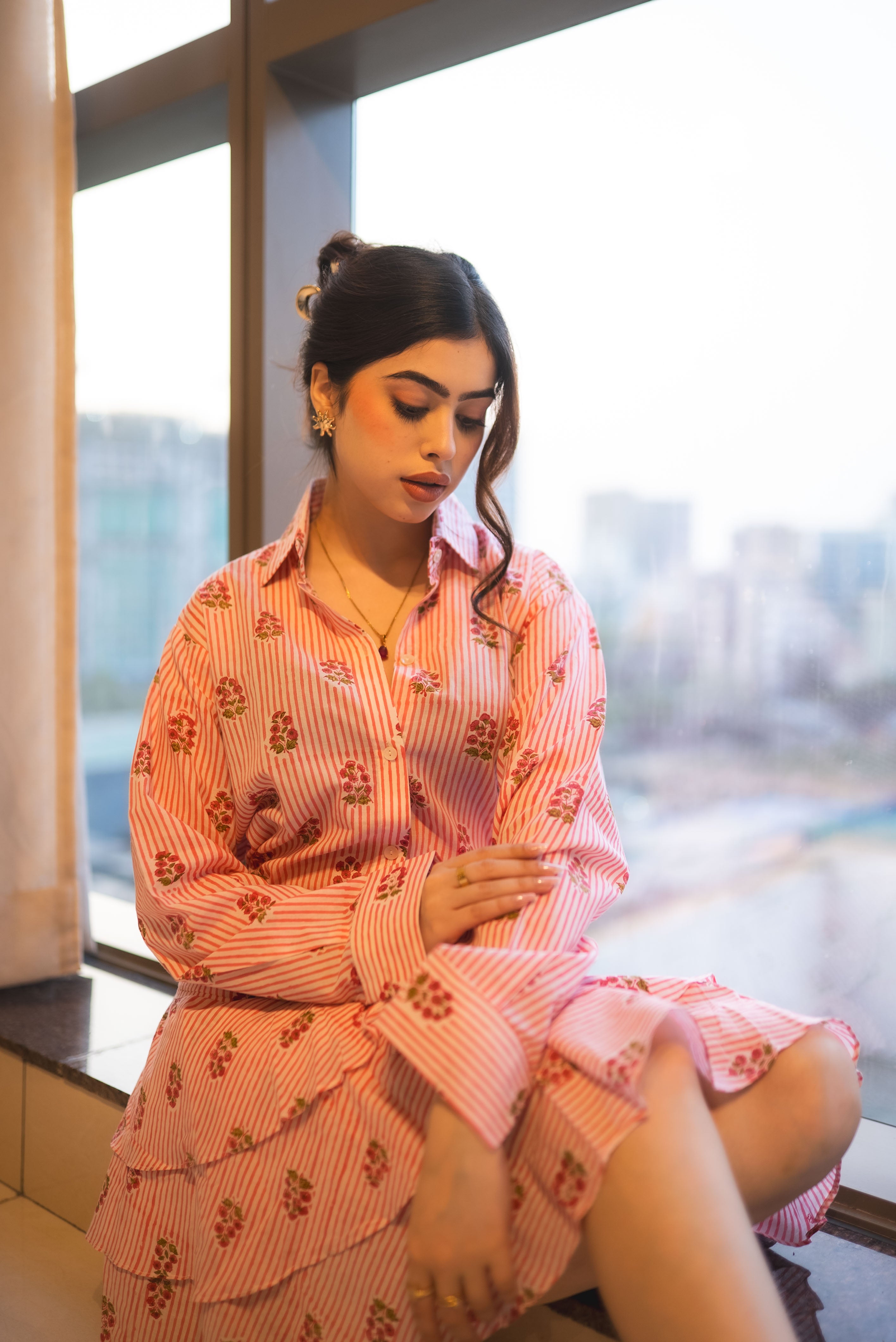 Pink Striped Floral Skirt Co-ord Set