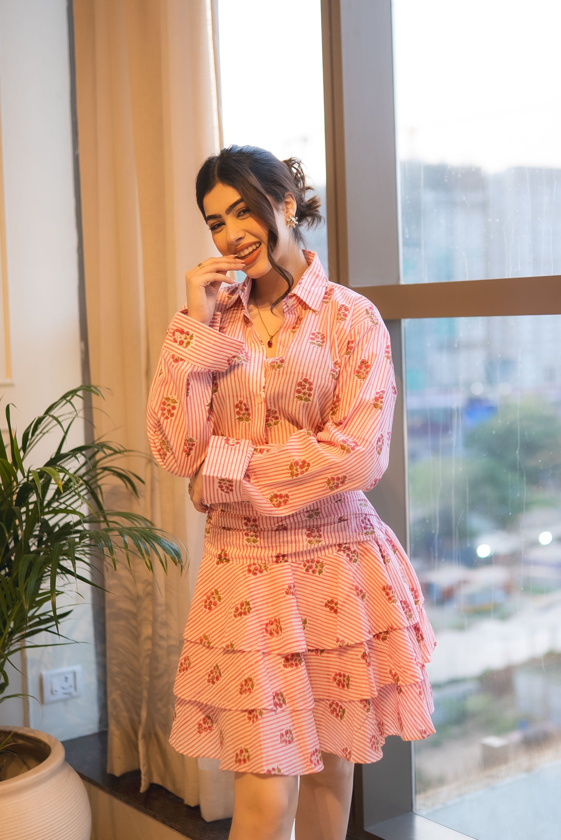 Pink Striped Floral Skirt Co-ord Set