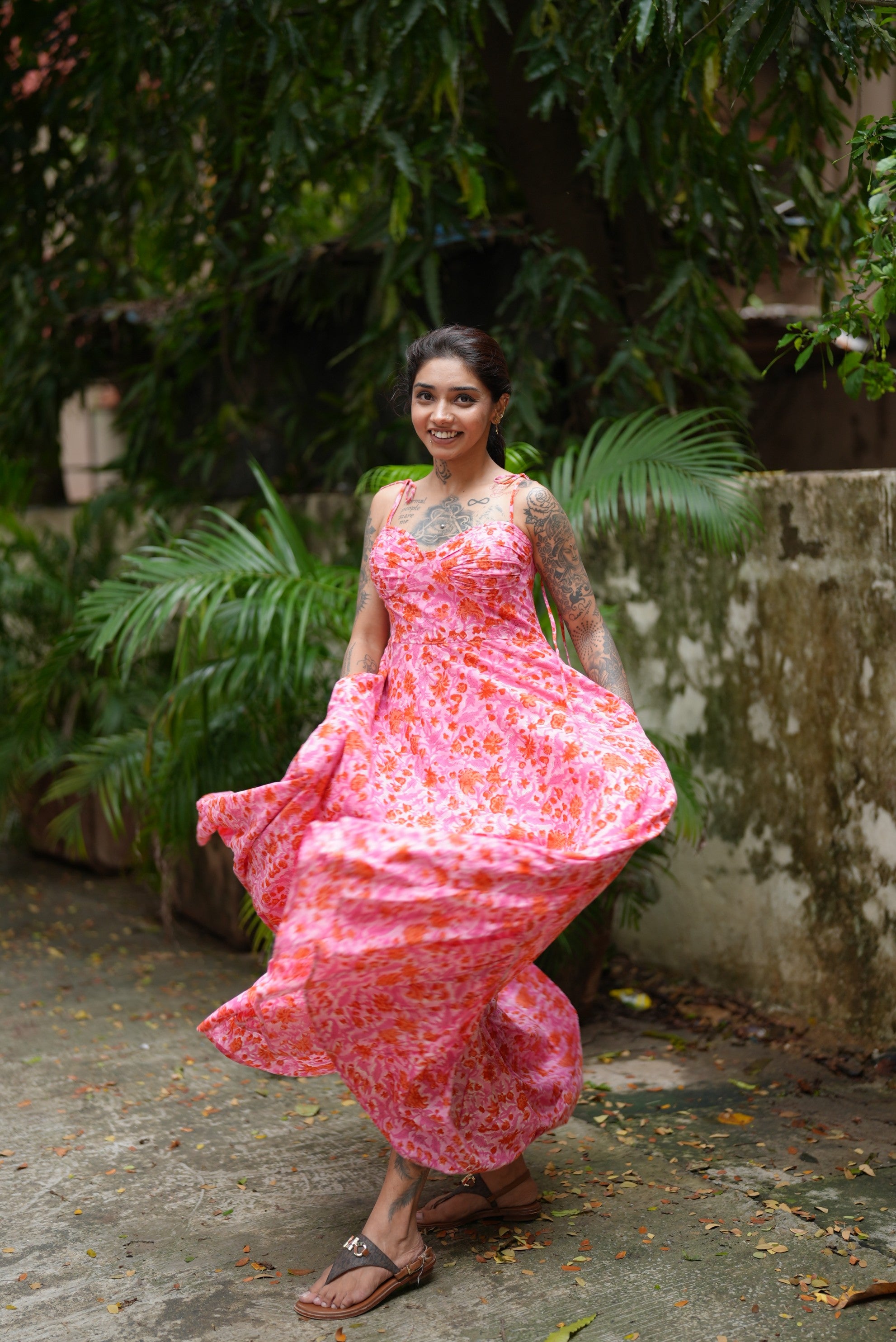 Pink Blossom Bustier Flared Long Dress