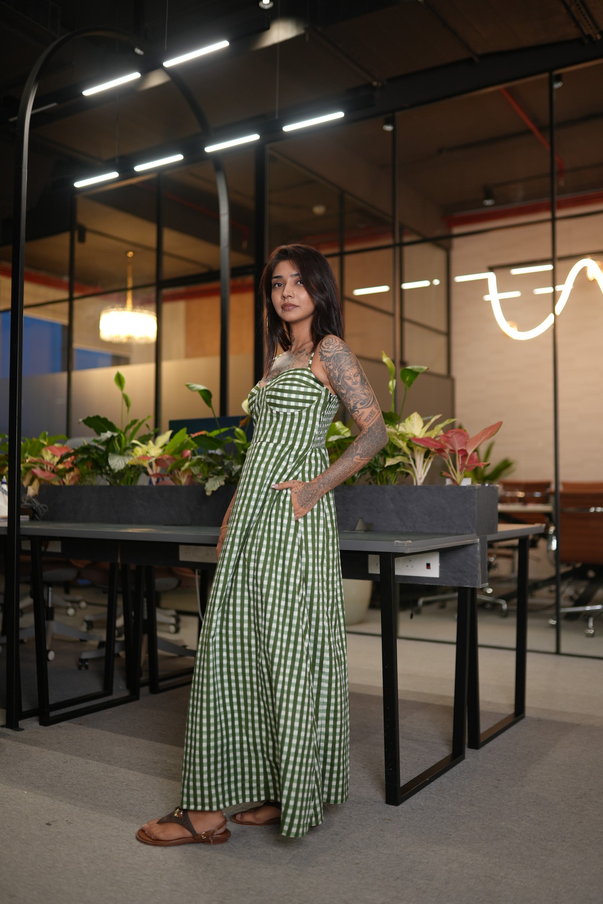 Olive Green Gingham Bustier Maxi Dress