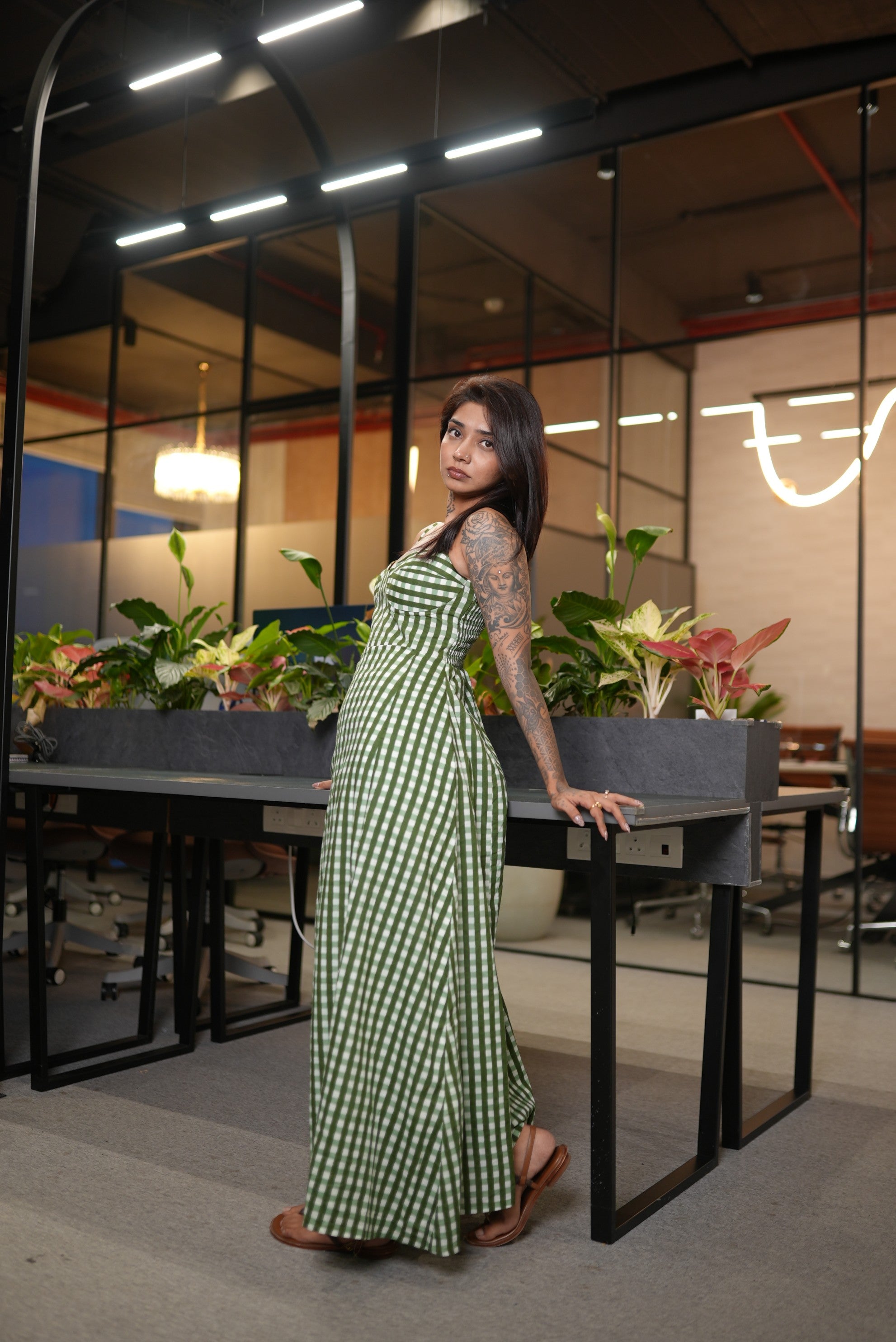 Olive Green Gingham Bustier Maxi Dress
