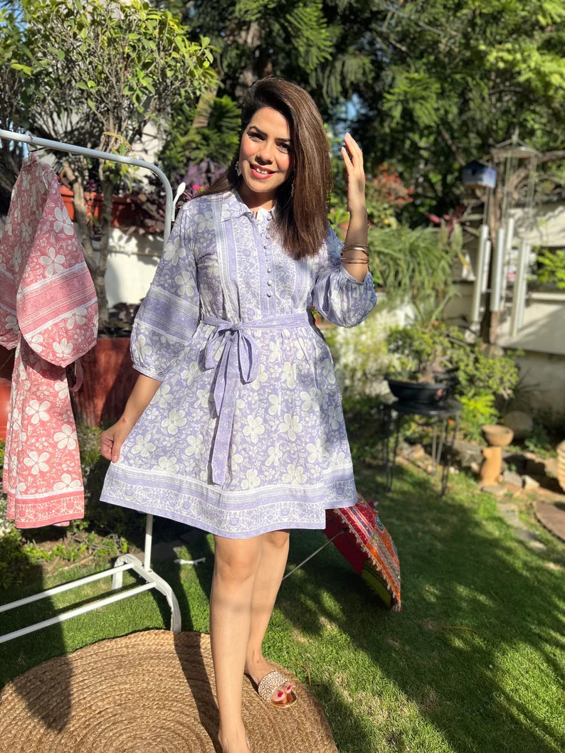 Blue Printed Short Dress